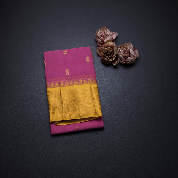 Gadwal Cotton Rose Pink Saree With Zari Buttas And Temple Border Without Blouse