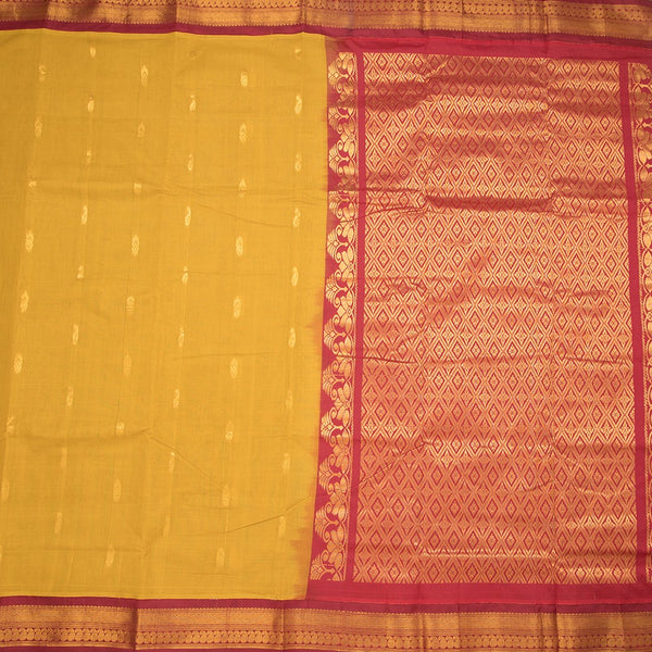 Gadwal Cotton Mustard Yellow Saree With Zari Buttas And Zari Border Without Blouse