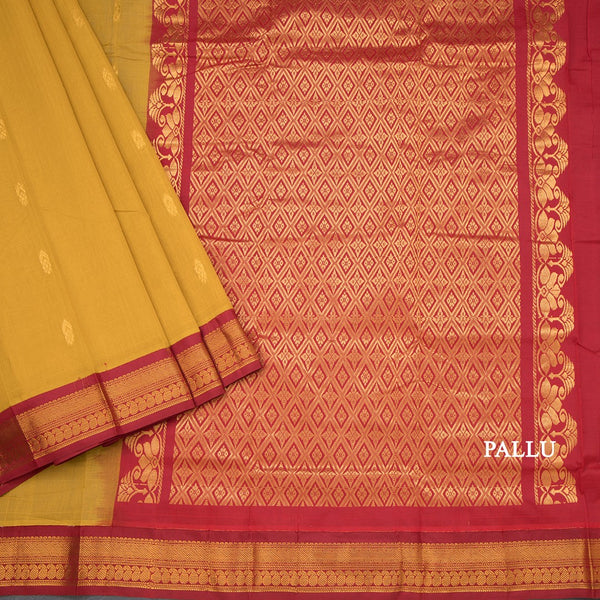 Gadwal Cotton Mustard Yellow Saree With Zari Buttas And Zari Border Without Blouse