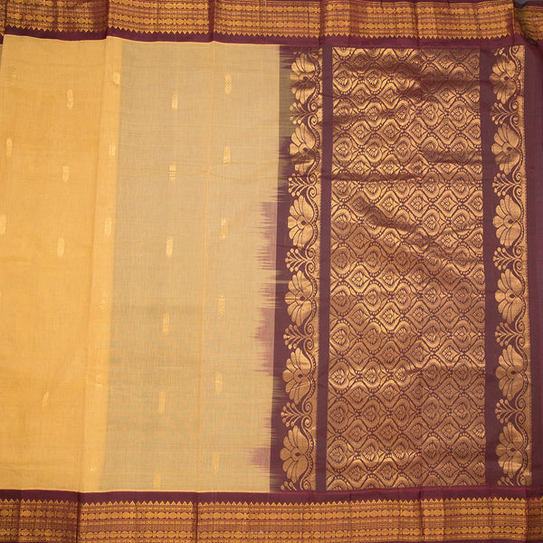 Gadwal Cotton Dark Sandal Saree With Zari Buttas And Zari Border Without Blouse