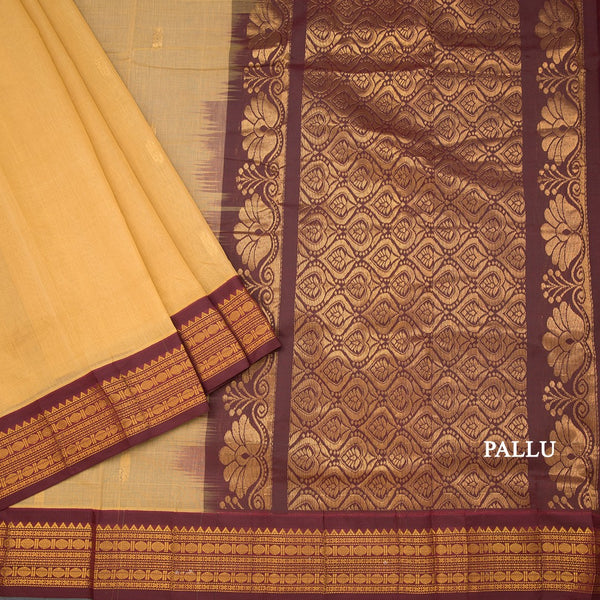 Gadwal Cotton Dark Sandal Saree With Zari Buttas And Zari Border Without Blouse