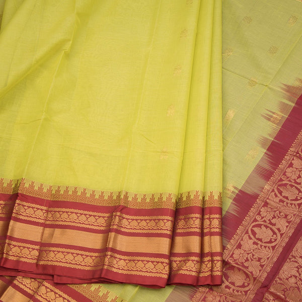 Gadwal Cotton Lime Green Saree With Zari Buttas And Temple Border Without Blouse 02