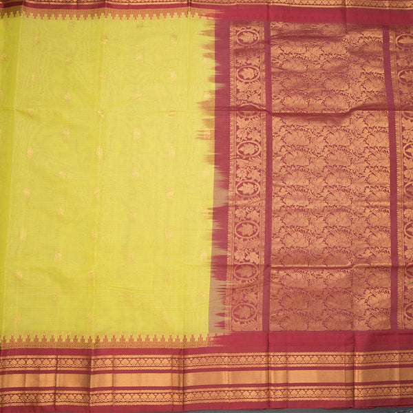 Gadwal Cotton Lime Green Saree With Zari Buttas And Temple Border Without Blouse 02