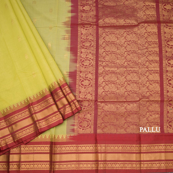 Gadwal Cotton Lime Green Saree With Zari Buttas And Temple Border Without Blouse 02