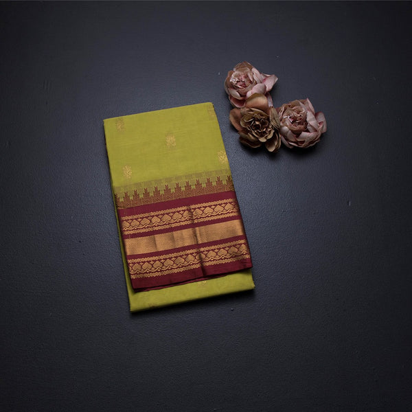 Gadwal Cotton Lime Green Saree With Zari Buttas And Temple Border Without Blouse 02