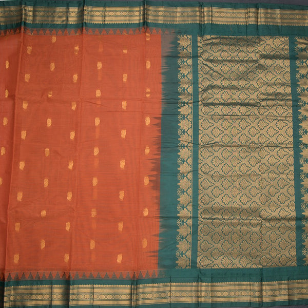 Gadwal Cotton Rust Orange Saree With Zari Buttas And Temple Border Without Blouse