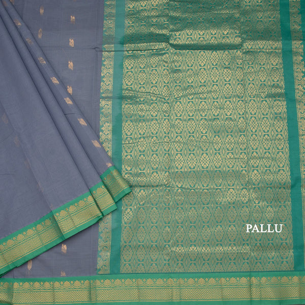 Gadwal Cotton Dark Grey Saree With Zari Buttas And Zari Border Without Blouse