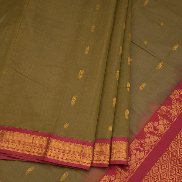 Gadwal Cotton Mehandi Green Saree With Zari Buttas And Zari Border Without Blouse