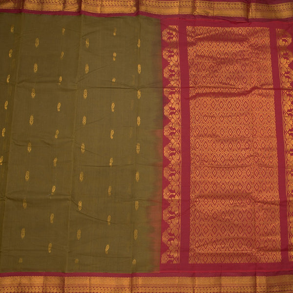 Gadwal Cotton Mehandi Green Saree With Zari Buttas And Zari Border Without Blouse