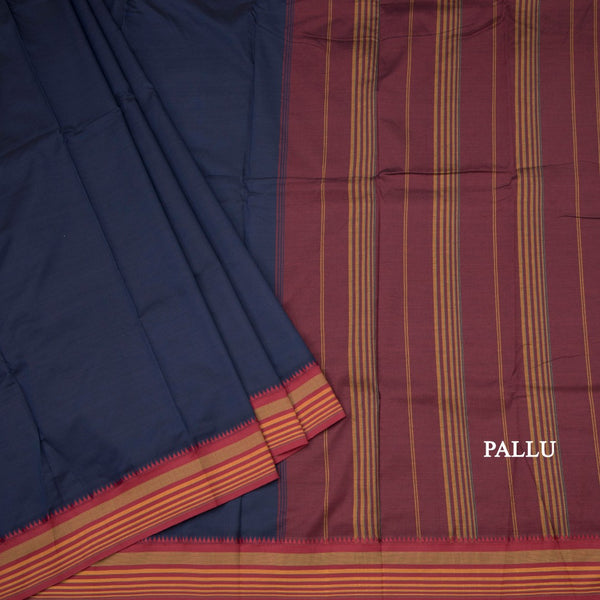 Dharwad Cotton Navy Blue Plain Saree 03