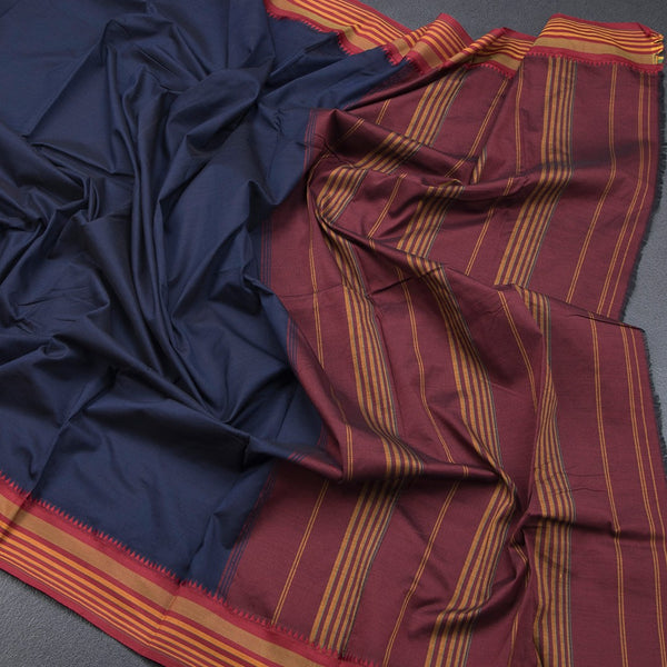 Dharwad Cotton Navy Blue Plain Saree 03