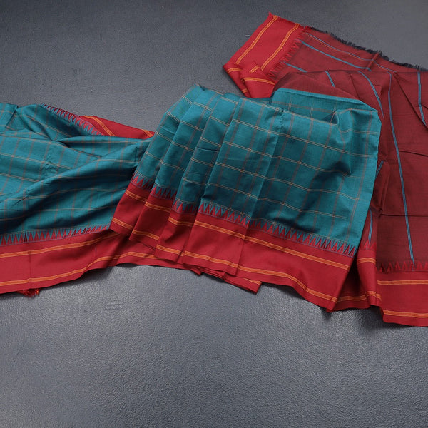 Dharwad Cotton Peacock Blue Checked Saree 02