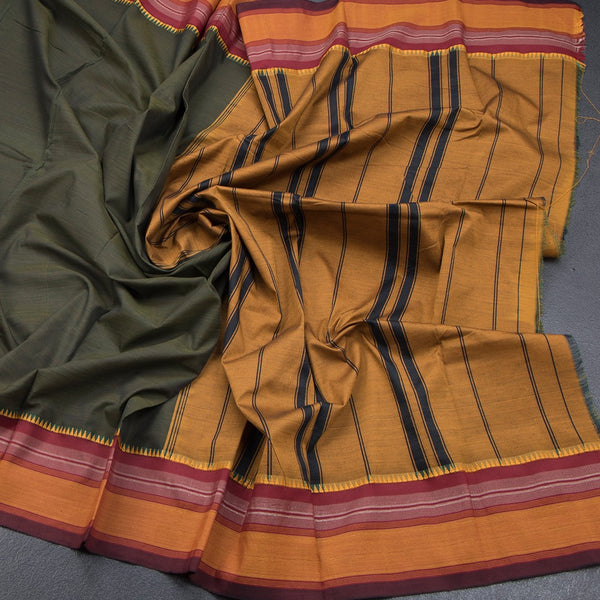 Dharwad Cotton Dark Green Striped Saree