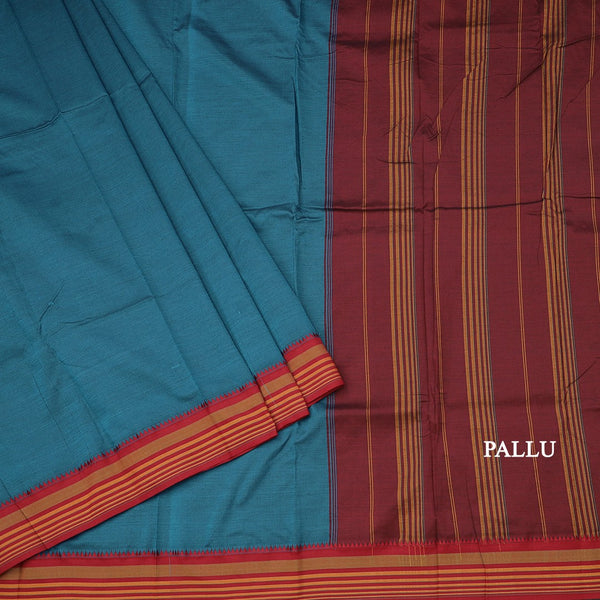 Dharwad Cotton Peacock Blue Plain Saree 03