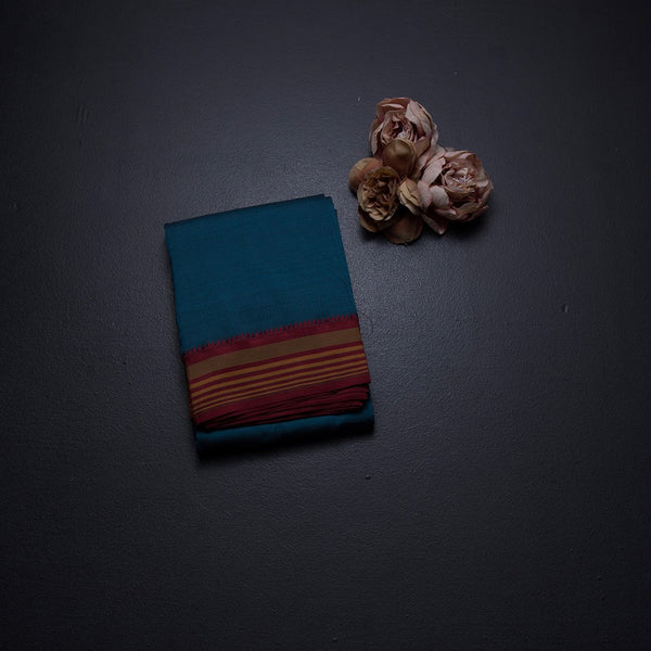 Dharwad Cotton Peacock Blue Plain Saree 03