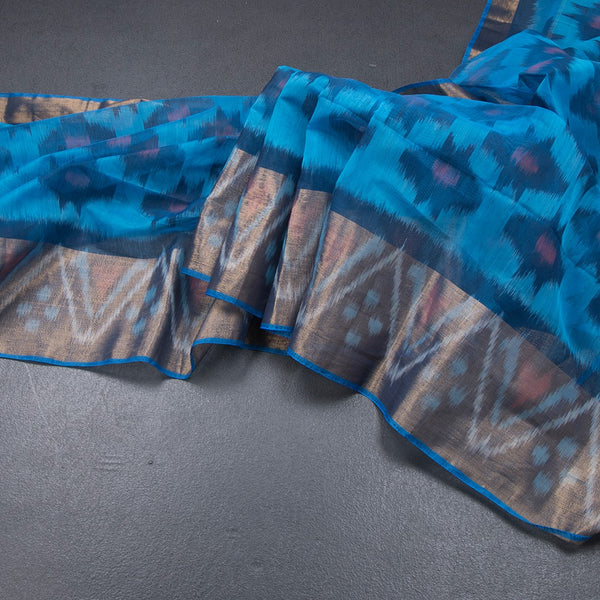 Sky Blue Pochampally Silk Cotton Ikkat Printed Saree 03
