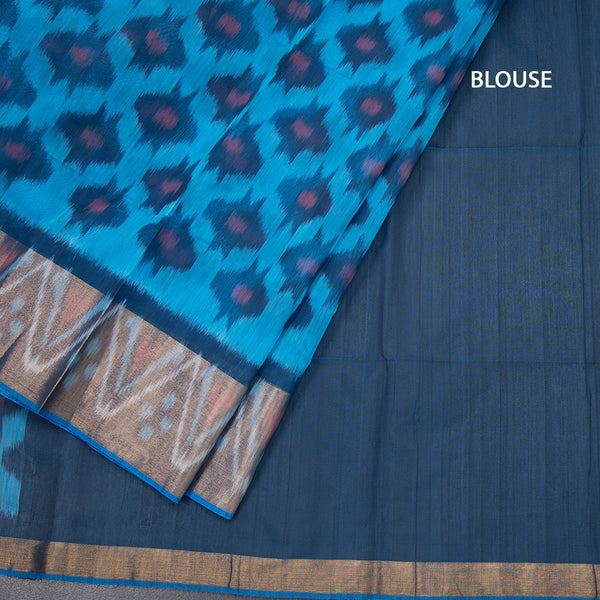 Sky Blue Pochampally Silk Cotton Ikkat Printed Saree 03