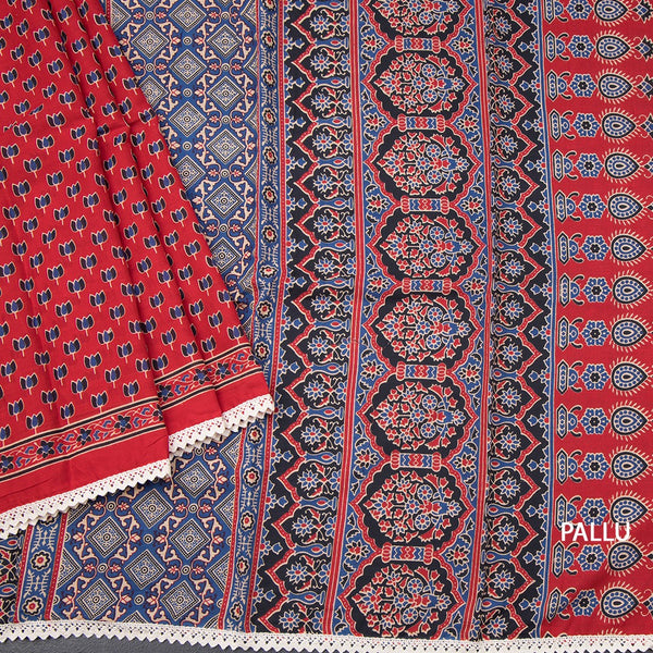 Mul Mul Cotton Red Floral Printed Saree