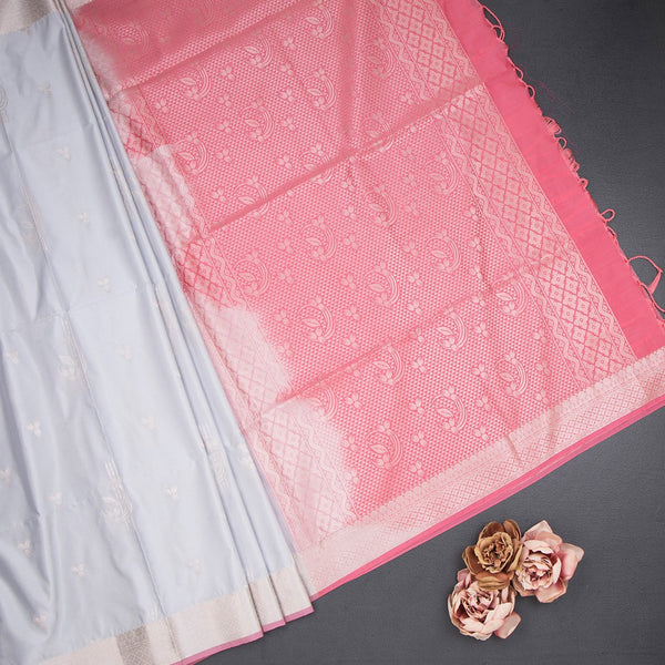 Semi Soft Silk Light Grey Zari Worked Saree