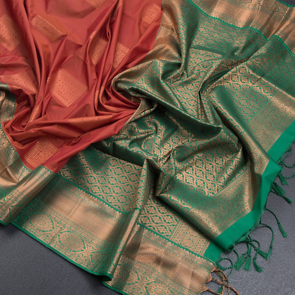 Semi Soft Silk Brick Red Zari Worked Saree