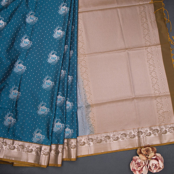 Semi Soft Silk Peacock Blue Zari Worked Saree 03