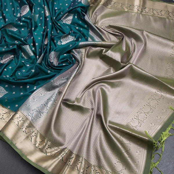 Semi Soft Silk Peacock Green Zari Worked Saree