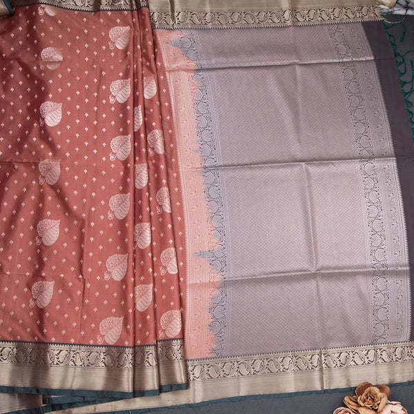 Semi Soft Silk Dark Peach Zari Worked Saree