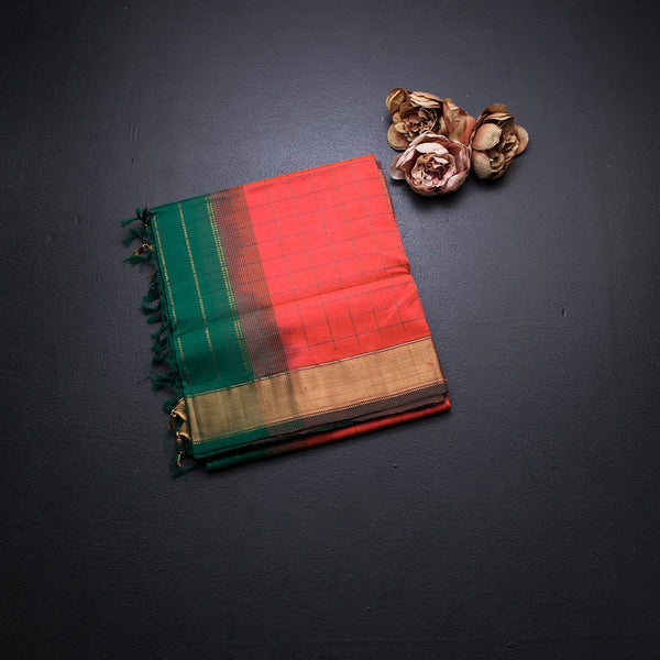 Poly Cotton Orange Thread Checked Saree And Zari Border