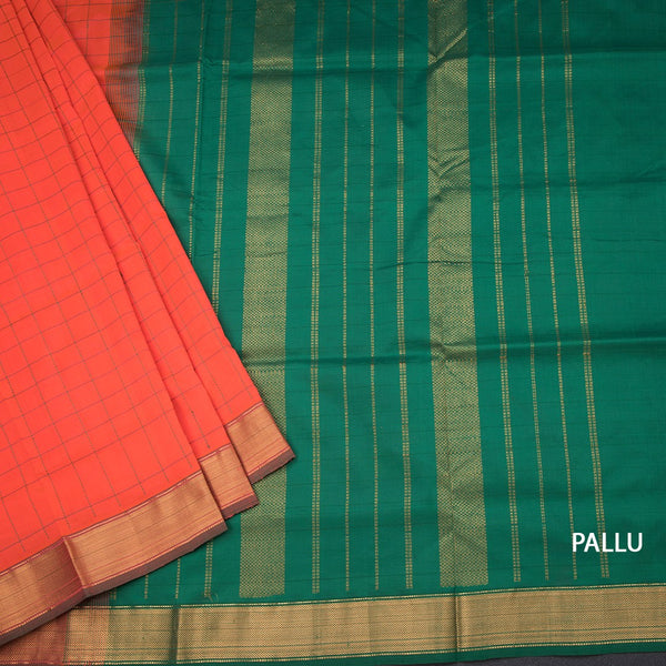 Poly Cotton Orange Thread Checked Saree And Zari Border