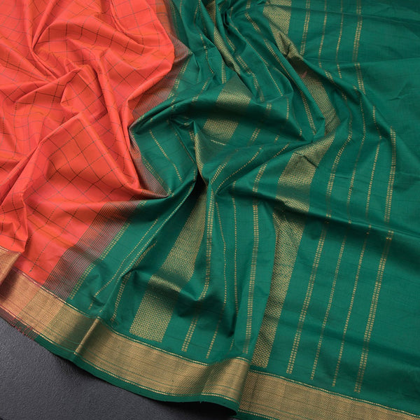 Poly Cotton Orange Thread Checked Saree And Zari Border - Kumaran Silks