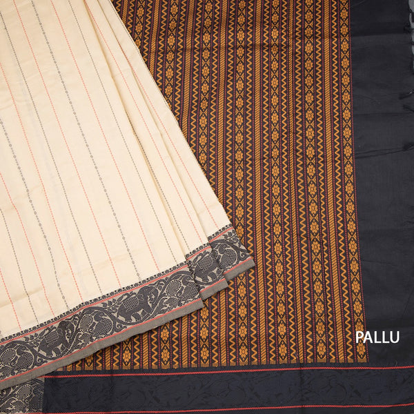 Poly Cotton Cream Thread Striped Saree And Thread Border