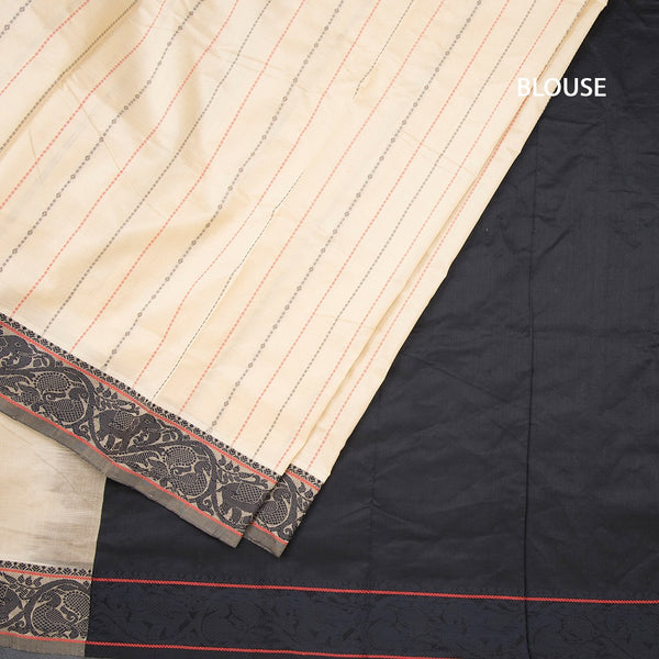 Poly Cotton Cream Thread Striped Saree And Thread Border