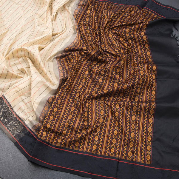 Poly Cotton Cream Thread Striped Saree And Thread Border - Kumaran Silks