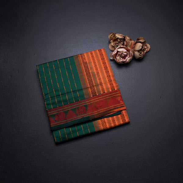 Poly Cotton Bottle Green Thread Striped Saree And Thread Border