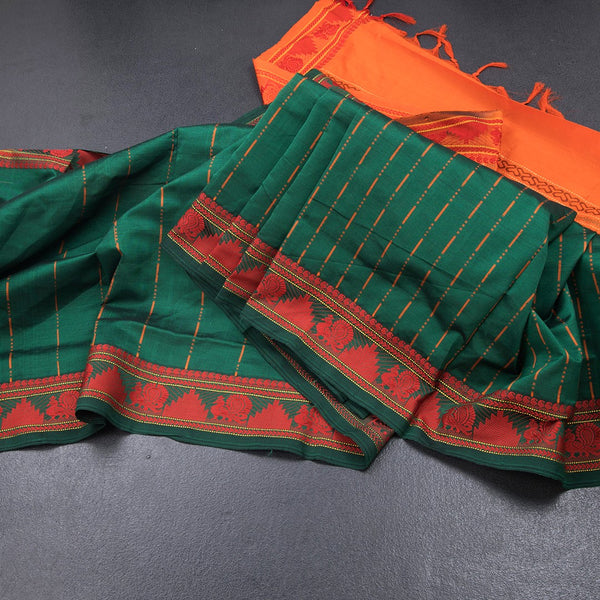 Poly Cotton Bottle Green Thread Striped Saree And Thread Border