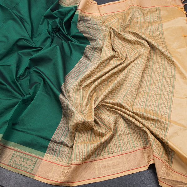 Poly Cotton Bottle Green Plain Saree And Thread Border - Kumaran Silks