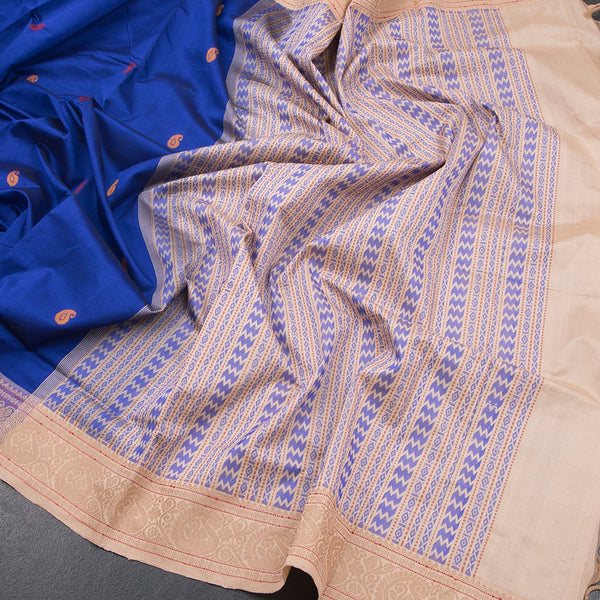Poly Cotton Ink Blue Saree With Thread Buttas And Thread Border - Kumaran Silks