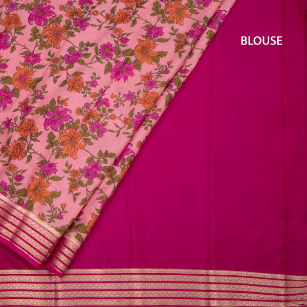 Semi Mysore Silk Light Pink Floral Printed Saree And Zari Border