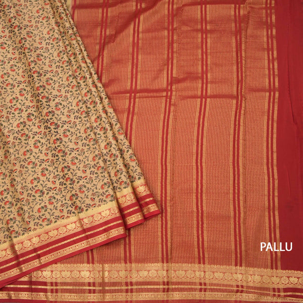 Semi Mysore Silk Sandal Floral Printed Saree And Zari Border