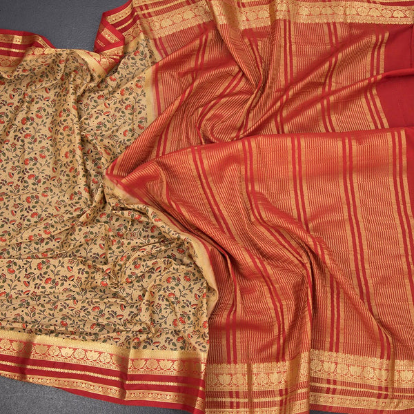 Semi Mysore Silk Sandal Floral Printed Saree And Zari Border