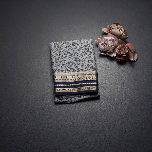 Semi Mysore Silk Grey Floral Printed Saree And Zari Border