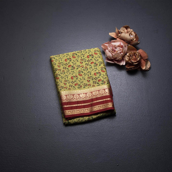 Semi Mysore Silk Lime Green Floral Printed Saree And Zari Border