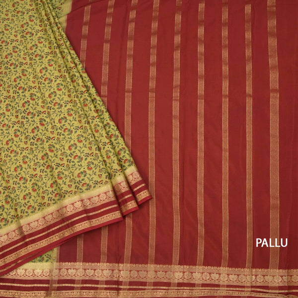 Semi Mysore Silk Lime Green Floral Printed Saree And Zari Border
