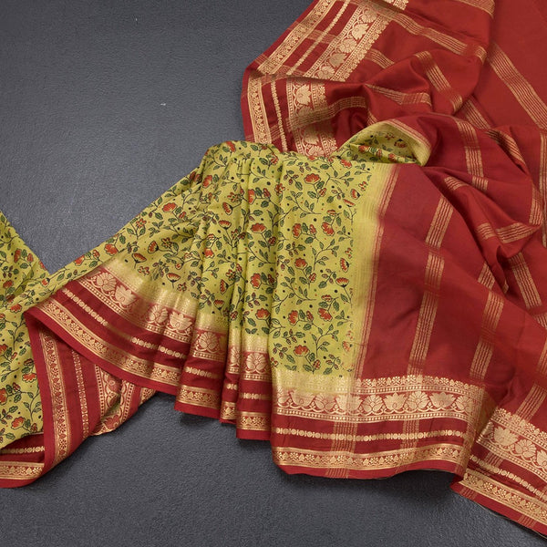 Semi Mysore Silk Lime Green Floral Printed Saree And Zari Border