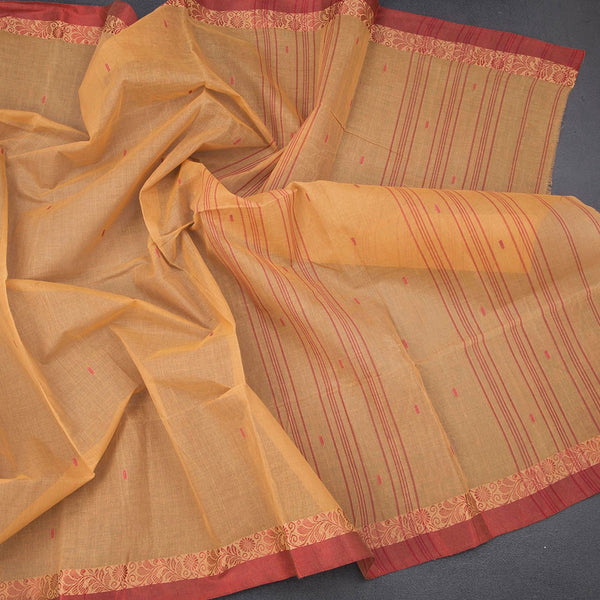 Bengal Cotton Sandal Saree With Thread Buttas