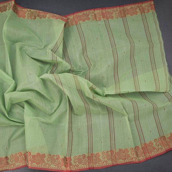 Bengal Cotton Pista Green Saree With Thread Buttas