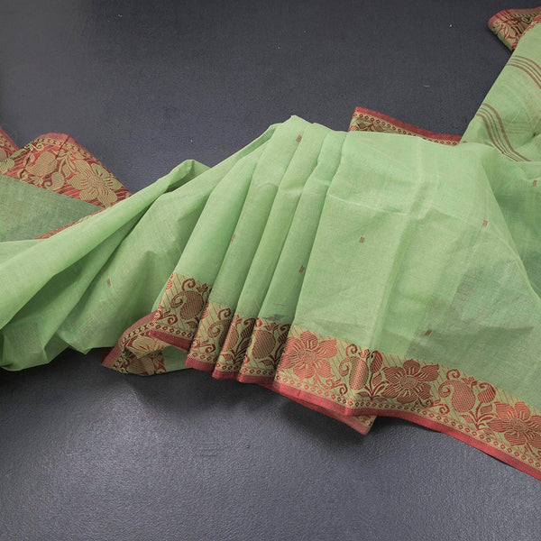 Bengal Cotton Pista Green Saree With Thread Buttas