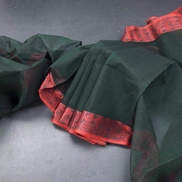 Bengal Cotton Bottle Green Plain Saree