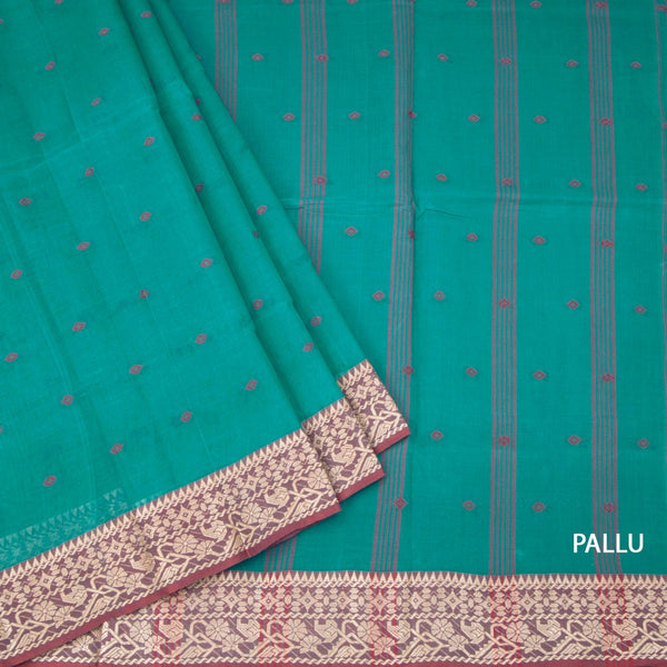 Bengal Cotton Peacock Green Saree With Thread Buttas