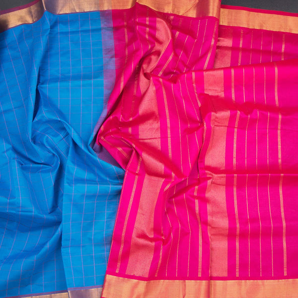 Poly Cotton Blue Thread Checked Saree And Bavanji Border